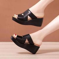 Sandales compensées d'été à semelle épaisse, chaussures à bout ouvert, sandales compensées en cuir pour femmes