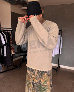 Customized Raw Edge Hem Long Sleeve T-shirt Cotton French Terry Oversize Round Crew Neck Blank Plain <strong>Crewneck</strong> <strong>Sweatshirt</strong> for <strong>Men</strong> - Product Image 3