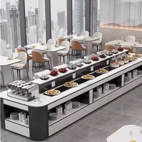 Table de buffet en métal incurvée double face pour restaurant et hôtel, îlot de présentation pour la distribution de nourriture, plats, desserts, fruits, assaisonnements