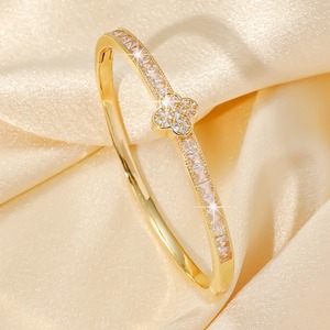Fashion <b>Bangle</b> <b>Copper</b> Micro Insert Cubic Zirconium Geometric Flower Design Anniversary Jewelry Golden Silver Tone - Product Image 2
