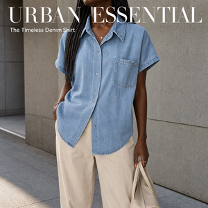 Camicia da <span class=keywords><strong>donna</strong></span> in denim lavato a maniche corte, vestibilità regolare, tinta unita, stile retrò, alla moda, nuova collezione estiva 2026 - Ingrosso Boutique - Product Image 1