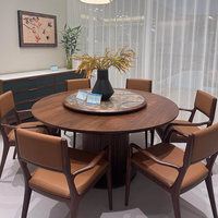 Ensemble de table à manger ronde en bois massif, plateau pivotant en noyer noir avec 6 chaises en cuir, style chinois moderne pour cuisine et salon