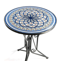 Meubles de jardin pliants modernes pour l'extérieur, aspect mosaïque, 1 table, 2 chaises, métal bleu/blanc, appartement Ronry DR-E2611