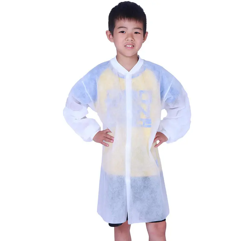 Disposable Lab Coats for Kids Non woven PP Breathable Child Visitor Coat Frock with Knitted Cuff & Collar White Child Lab Gowns