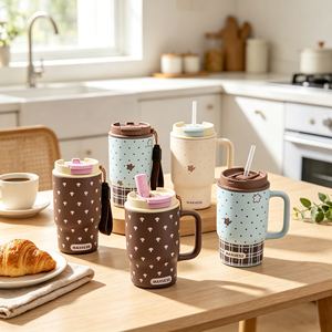 Gobelet à café rétro 540 ml en acier inoxydable 304, isotherme sous vide, avec couvercle rabattable et sangle de poignet, idéal pour les activités quotidiennes en extérieur - Product Image 1