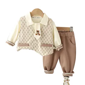 New style spring autumn Boys long sleeve letter vest cuist coat + cartoon T-shirt +solid pants 3 pieces gentle clothing