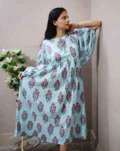 Hand <b>Block</b> <b>Print</b> Sweet Natural Eco-Friendly Bohemian Floral Cotton Midi Dress Comfortable Summer Style for Women - Product Image 5