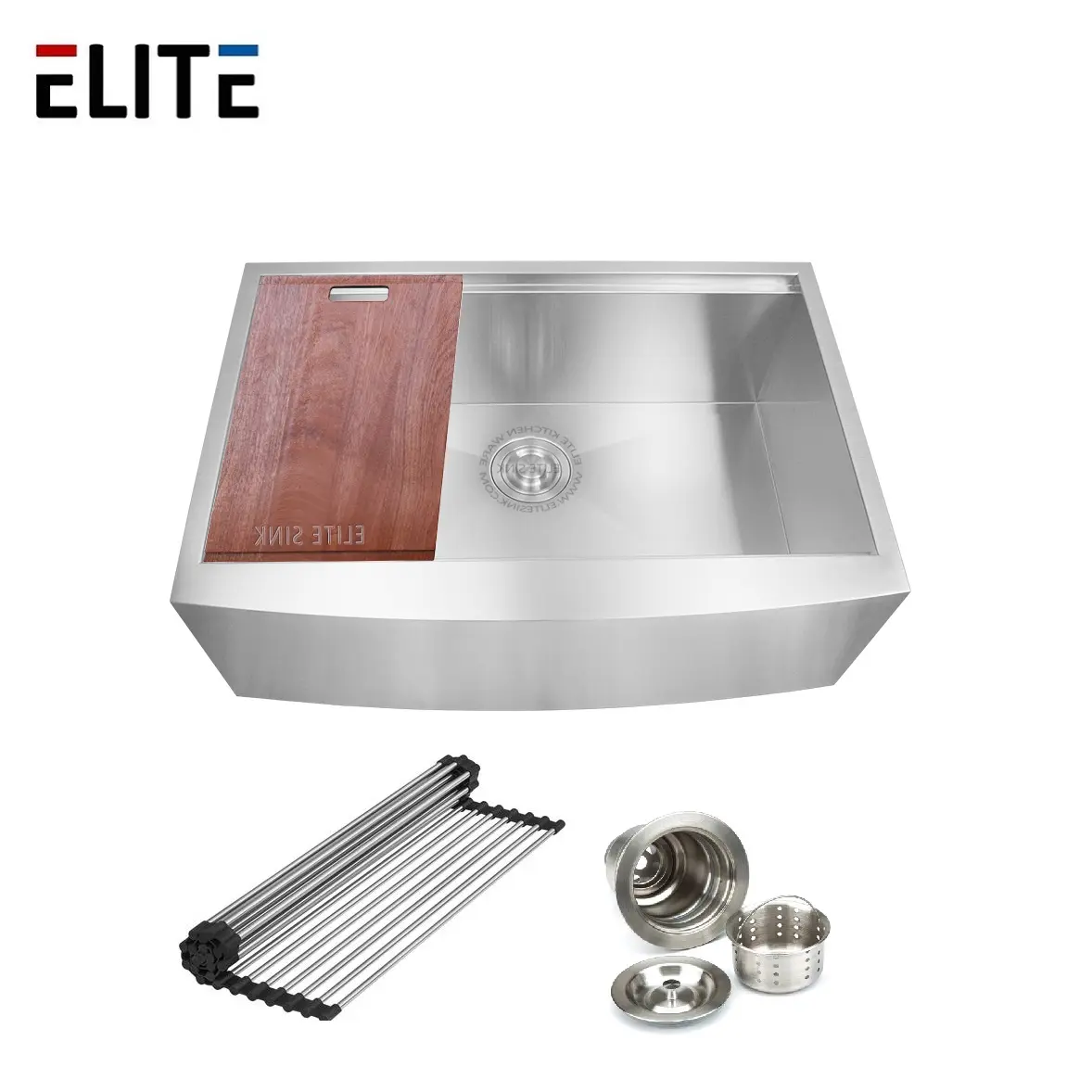 Cao cấp Nhà Bếp Tạp dề phía trước 304 thép không gỉ trang trại Sinks với cán Mat Cống Bồn Rửa lưới