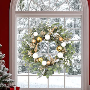 Guirlande <span class=keywords><strong>de</strong></span> Noël artificielle faite à la main <span class=keywords><strong>de</strong></span> 50 cm avec des boules dorées et blanches, des baies et des étoiles pour la décoration suspendue <span class=keywords><strong>de</strong></span> la porte d'entrée pour les fêtes - Product Image 3