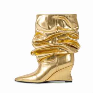 Botas de cuña holgadas de caña ancha para mujer, estilo sexy, con punta puntiaguda, parte superior de PU con textura de anguila - Product Image 6