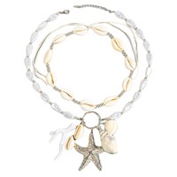 Collier pendentif étoile de mer sportive en coquillage avec perle d'imitation et chaîne en bambou exagérée pour femmes - Cadeau