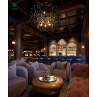 Canapé banquette de luxe en velours capitonné incurvé, comptoir de bar personnalisé avec étagère de présentation de vin pour mobilier de discothèque et de lounge à cocktails