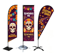 Ensemble de drapeaux plumes Jour des Morts, Drapeau de plage en forme de larme imprimé Crâne de Sucre pour la décoration extérieure des festivals mexicains