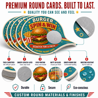 Pegatinas de tarjetas rasca y gana de alta calidad para juegos de premios con temática de hamburguesas, ideales para inauguraciones y promociones.