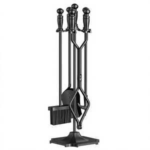 Cast iron fireplace tool set 5 piece poker tongs shovel Black metal fire tools <b>Log</b> holder with <b>stand</b> - Product Image 2