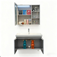 Meuble-lavabo mural moderne en acier inoxydable gris clair avec vasque en céramique, miroir intelligent, armoire et robinet pour villa, garantie 5 ans