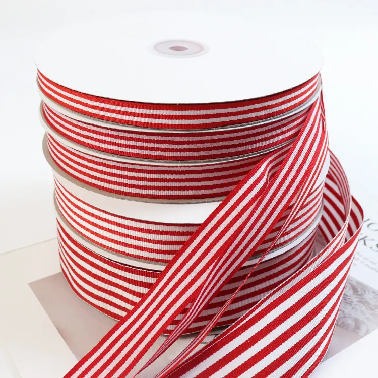 High quality stocked red and white polyester grosgrain fabric ribbon striped