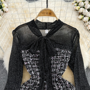 Autunno piccola fragranza temperamento cravatta a farfalla <span class=keywords><strong>Tweed</strong></span> abito reticolo - Product Image 4