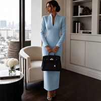 Robe midi moulante élégante de couleur unie, col montant, col en V cranté, manches longues, robe de bureau et de soirée pour femmes