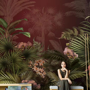 Papel de Parede Tropical Pintado à Mão Americano com Flores e Zebras para Design de Salas de Exposição em Clubes - Product Image 1