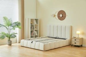 Оптовая продажа, минималистский современный деревянный каркас кровати с мягкой обивкой, Плюшевый Белый Королевский размер, газовый подъемный каркас кровати с хранилищем - Product Image 4