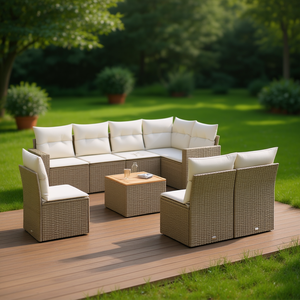 Ensemble de canapés de jardin modulaires en rotin PE beige, meubles d'extérieur confortables, design contemporain, coussins en mousse haute densité - Product Image 2