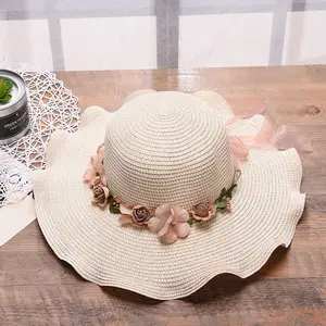 FayeIn da donna Boho cappello da sole in paglia classico stile Cowboy da spiaggia cappello a cordino a vento UPF 50 + fiore ghirlanda cappello estivo