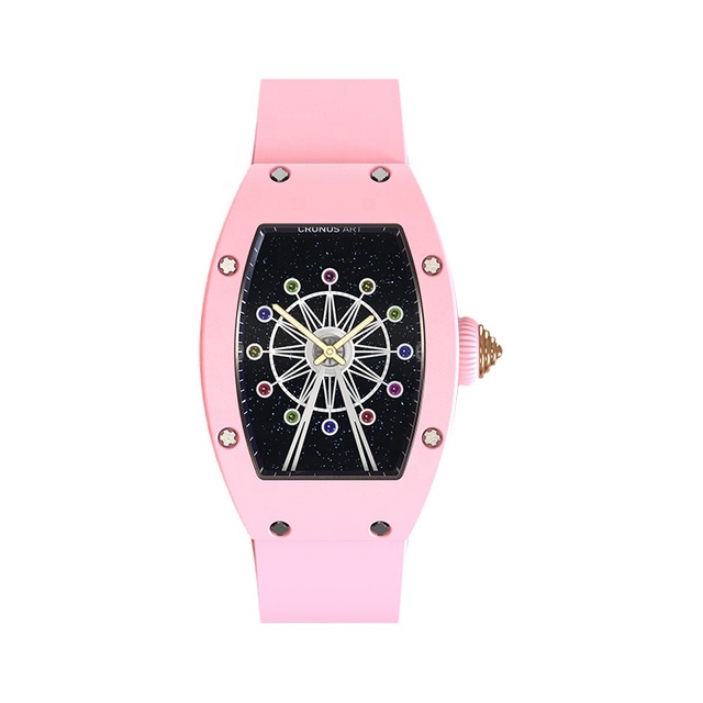 Minimalist Ladies' Quartz Watch, Ceramic Case, Skeletonized Luminous Dial with Ferris Wheel Design, Custom Watch