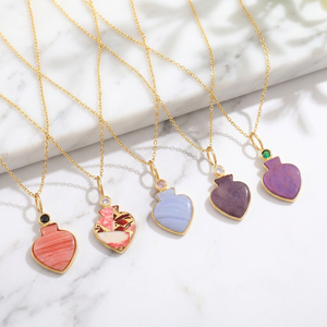 Trendy Jewelry Spade Shape Gemstone Pendant Necklace with Tiny CZ Accents 18k Gold Plated Bezel Setting Cable <b>Chain</b> Necklace - Product Image 5