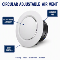 Diffuseur d'air mural rond en plastique blanc pour CVC, moderne, réglable, 3 styles de flux d'air, installation facile des conduits, pour maison et bureau