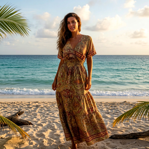 Robe longue bohème à col en V avec imprimé cachemire, taille élastique, coupe ample, manches courtes, respirante, tissée, robe d'été décontractée - Product Image 1