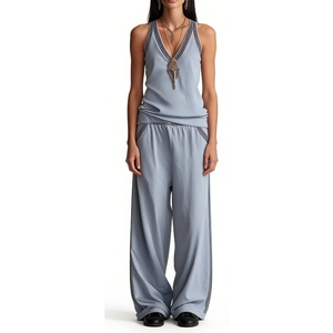 ชุดลำลองแขนกุดคอวีสำหรับผู้หญิง - ชุดลำลอง 2 ชิ้นแบบลำลองแต่งขอบตัดกันแฟชั่น - Product Image 3