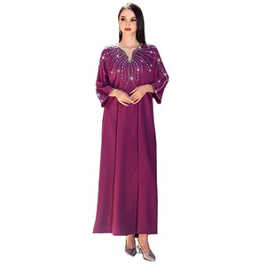 BA5149 nouvelle Robe arabe pour femmes <span class=keywords><strong>framboise</strong></span> violet broderie et strass robe cousue à la main printemps Polyester Abaya vêtements d'exportation - Product Image 5