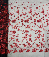 Tissu en dentelle de tulle noir brodé de paillettes en forme de pétales de rose rouge G3684, broderie plate pour robes de soirée