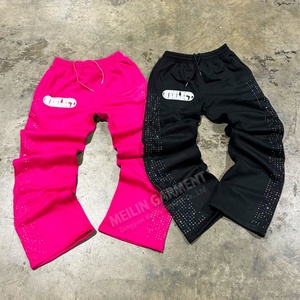 Pantalones de chándal de algodón personalizados con logo estampado en relieve para mujer, estilo urbano, holgados, rectos, con pedrería - Product Image 3