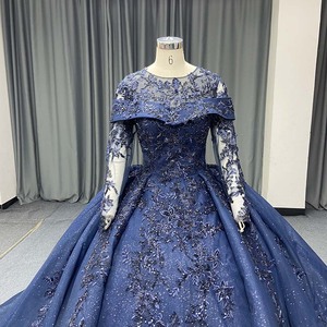 Vestido de Quinceañera Azul Marino de Lujo Lsany279, Cuello Ilusión, Manga Larga, Apliques de Encaje, Vestido de Princesa con Brillo, Jancember - Product Image 3