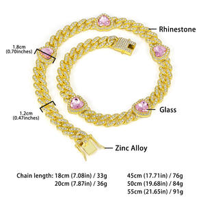 قلادة خانقة على شكل قلب بسلسلة كوبية عرض 12 مم مطلية بالذهب والفضة ومرصعة بالأحجار الكريمة للهيب هوب بالجملة - Product Image 3