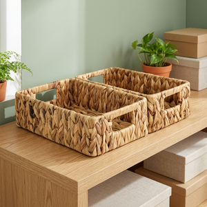 <b>Rectangular</b> Natural Water Hyacinth <b>Storage</b> <b>Basket</b> With Handles Rustic Multi Purpose Organizer for Home Desktop Neatening - Product Image 3