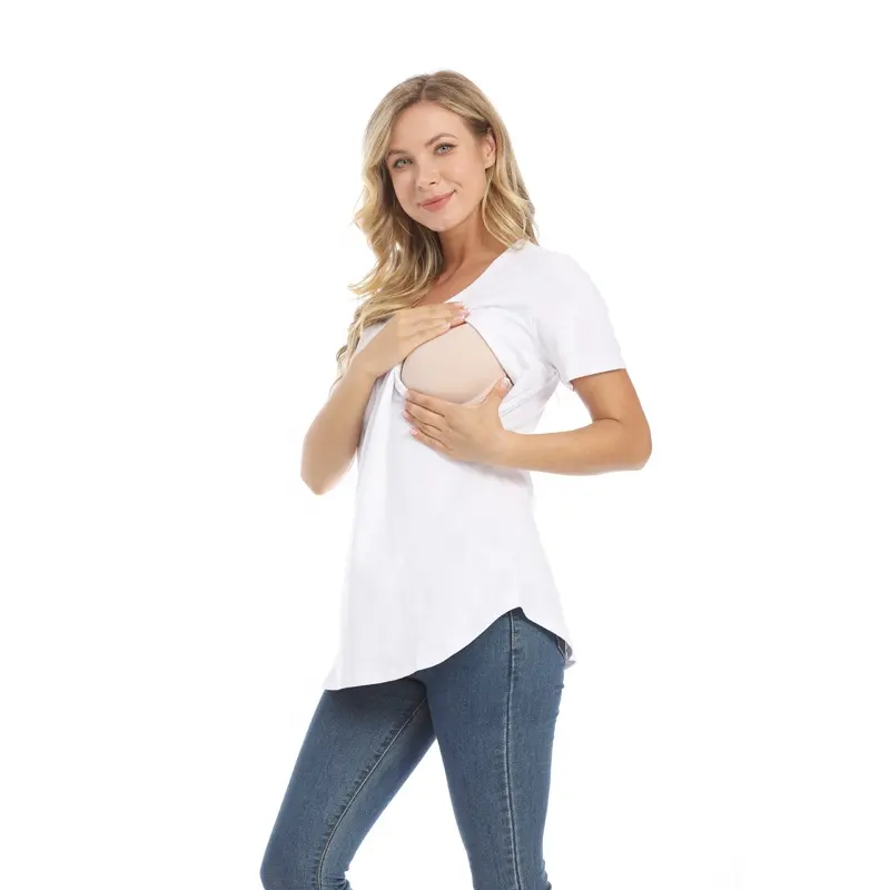 Camiseta de maternidad de verano, ropa de lactancia de manga corta, cremallera Invisible, dobladillo curvado abierto, algodón elástico, talla estadounidense S-4XL