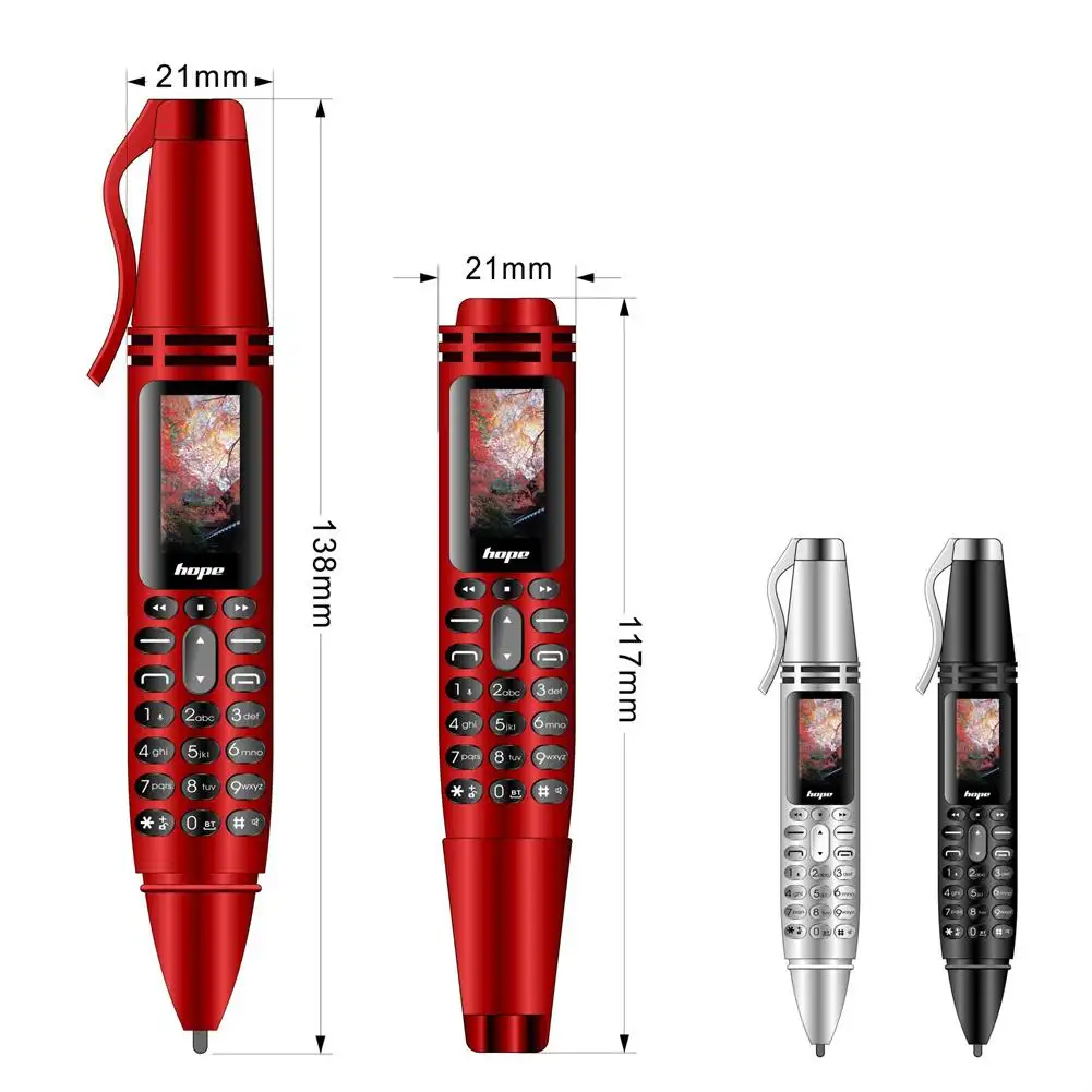 AK007 0.96 "double carte SIM GSM micro téléphone portable stylo en forme de BT V3.0 Dialer Voice MP3 FM Voice Recorder Enregistrement