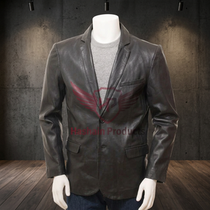 Men's Premium Tailored Black <b>Leather</b> <b>Blazer</b> Versatile High Street Design for Winter Customizable Style-New Arrival - Product Image 3
