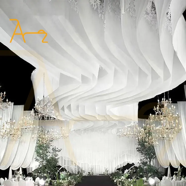 ม่านผ้าชีฟองแขวนสำหรับตกแต่งงานแต่งงานสีขาวแบบแขวนแผงม่านติดเพดานดีไซน์คลื่นสำหรับงานแต่งงาน