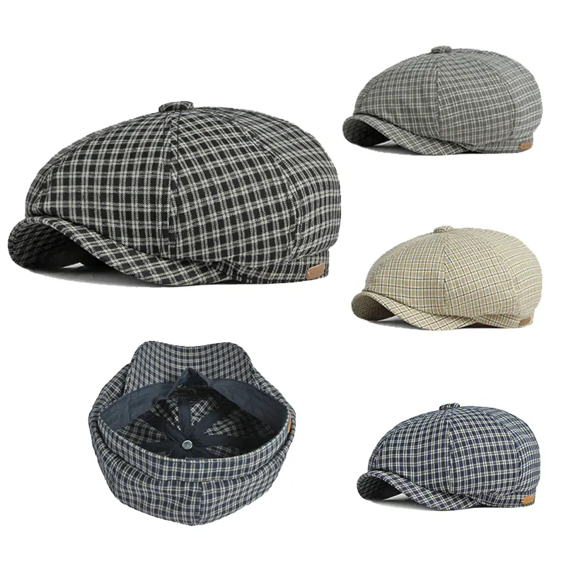 Wholesale Spring Autumn England Style Hip Hop Street Cotton Vintage Classic Checked 8 Panel Newsboy Beret Hat For Men