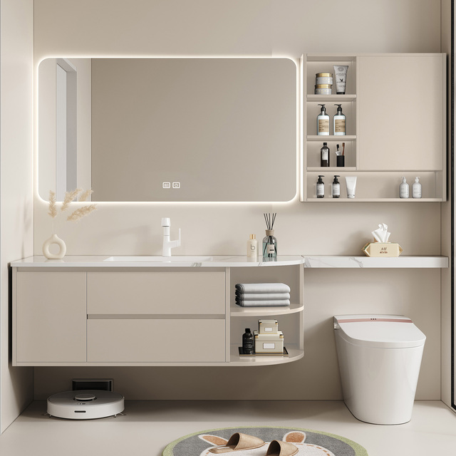 Floating Solid Wood Integrated for Modern Hotel Villa, Vanity with Smart LED Defog Mirror Cabinet