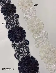 Adorno de encaje Floral para vestido de novia, aplique de encaje de lentejuelas, con patrón de hojas y cuentas de diamantes de imitación, color oro rosa