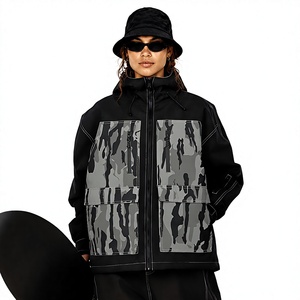 Women's Black Hooded Waterproof Ski <b>Jacket</b> With Gray Camouflage Panels Zipper Closure Synthetic Insulation Outdoor Wear - Product Image 2