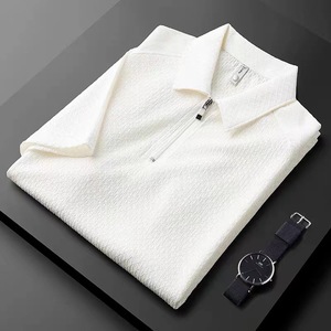 Men's Slim Fit Half Zip Polo Shirt Short <b>Sleeve</b> Solid Color Business Casual Khaki Lightweight Summer Wear - Product Image 3