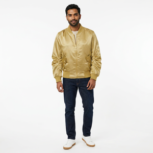 <b>Mens</b> Satin Bomber Varsity <b>Jacket</b> Collection Gold Green <b>White</b> Orange Full Zip Snap Button Ruched Sleeve Sporty Casual Outerwear - Product Image 1