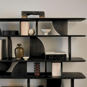 Libreria Moderna Nera in <span class=keywords><strong>Legno</strong></span> Massello, Scaffale Geometrico Grande Stile Wabi Sabi <span class=keywords><strong>per</strong></span> Soggiorno - Product Image 3