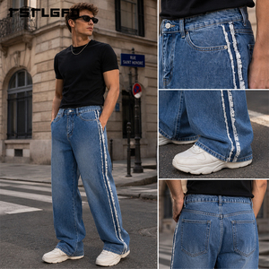 Pantalones vaqueros de pierna recta Cut And Sew Sawyer con flecos laterales, lavado vintage, efecto desgastado, estilo streetwear, venta al por mayor a granel - Product Image 2